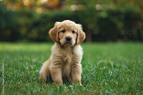 A golden retriever puppy sitting on a green lawn