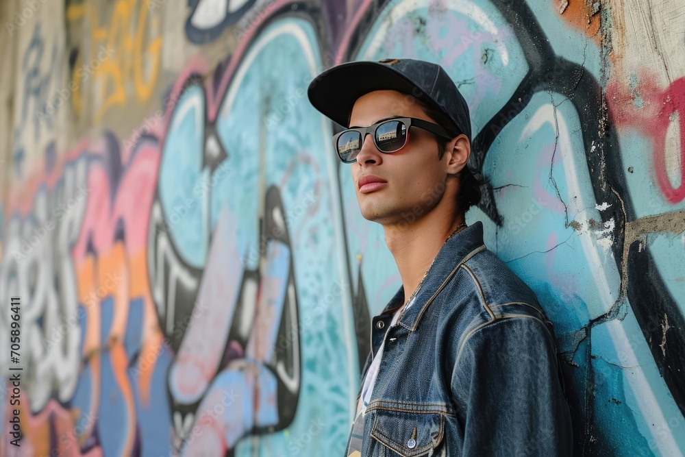 Obraz premium Against the backdrop of a graffiti-covered wall A male model in casual urban wear exudes a cool Rebellious attitude