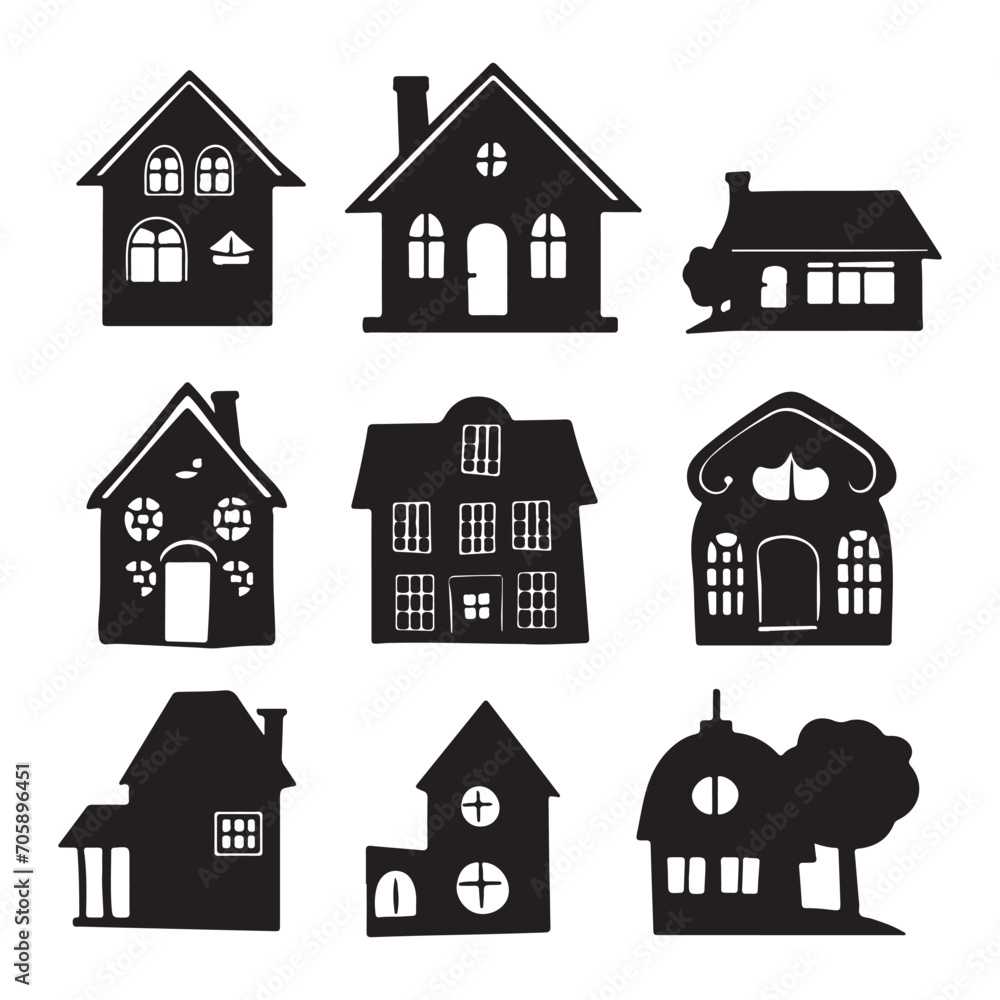 A black silhouette House set, Clipart on a white Background, Simple and Clean design, simplistic