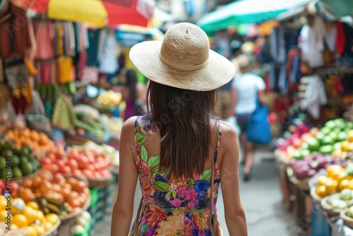 Amidst a bustling urban market A female model in a vibrant sundress and hat strolls Her look a fusion of comfort and trendiness © Jelena