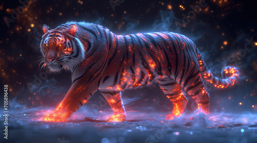 White Tiger in the snow made from fire polygons