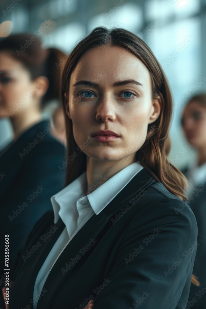 A professional woman in a business suit confidently stands with her arms crossed. Perfect for corporate presentations and marketing materials A professional woman in a business suit confidently stands with her arms crossed. Perfect for corporate presentations and marketing materials