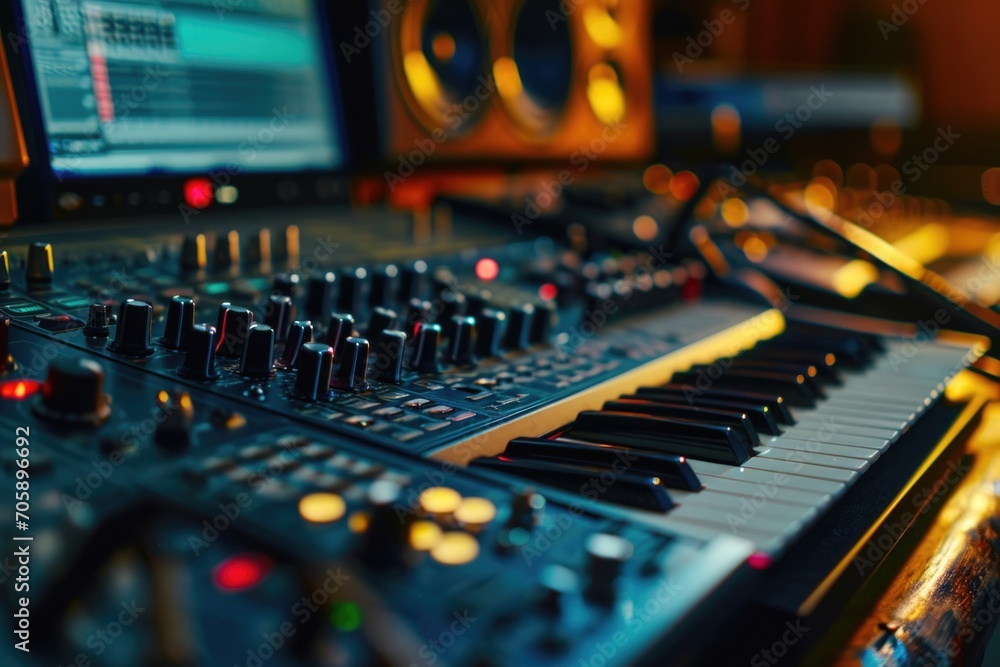A detailed close-up of a keyboard in a recording studio. Perfect for music production and audio recording projects