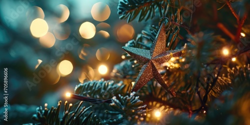 A close-up shot of a Christmas tree with colorful lights in the background. Perfect for holiday-themed designs or festive decorations