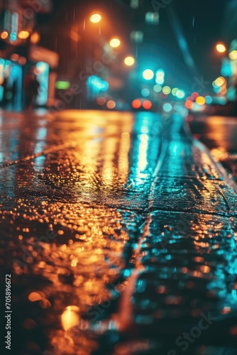 A picture of a wet city street at night illuminated by lights. Perfect for urban scenes or nightlife themes