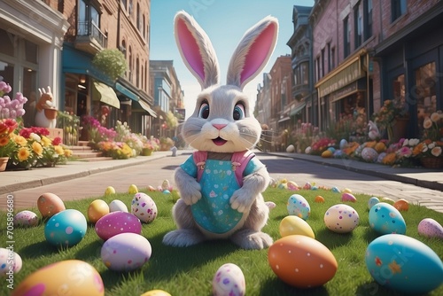 Urban Bunny Delight: Easter Rabbit Spreads Joy Amidst the Cityscape of Eggs