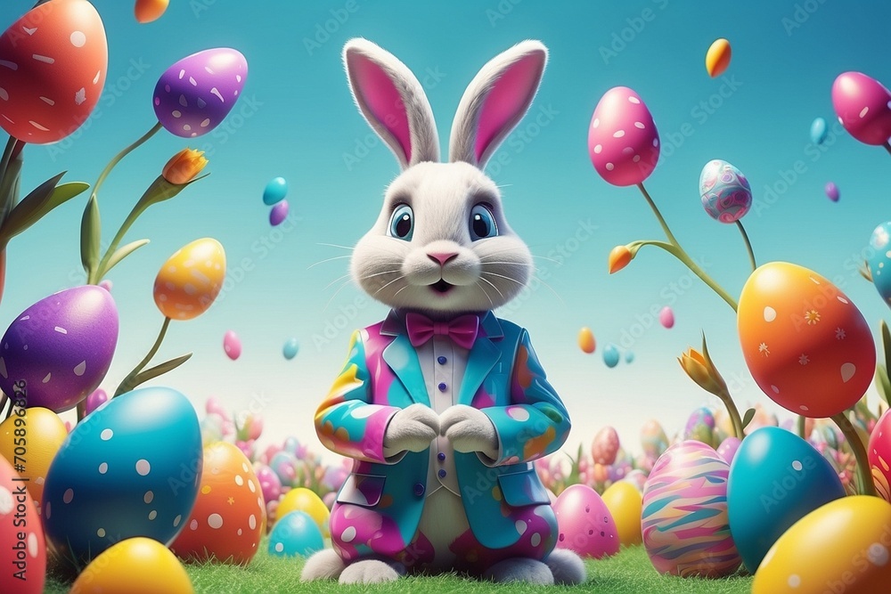 Springtime Delight: Playful Easter Bunny Amidst a Whimsical Easter Egg Haven