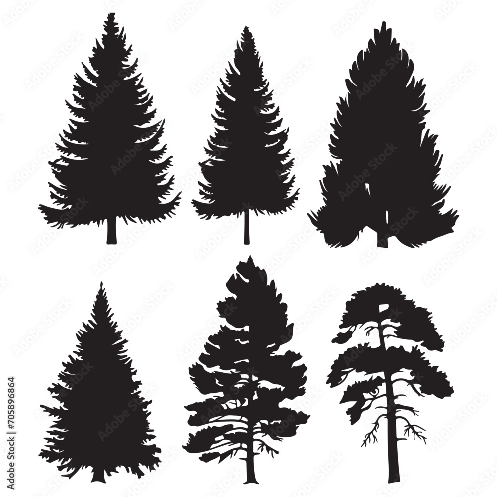 A black silhouette Pine set, Clipart on a white Background, Simple and Clean design, simplistic