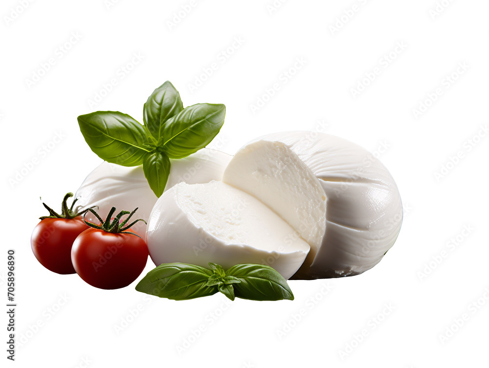 a cheese and tomatoes with basil leaves