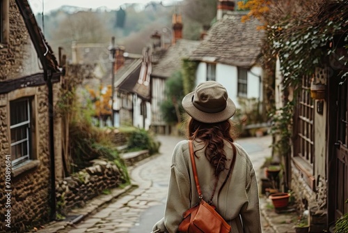 In a quaint village street A female model in a vintage outfit and hat captures the essence of rustic charm and timeless style