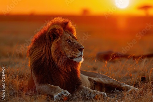 Majestic lion lying in the savannah at sunset