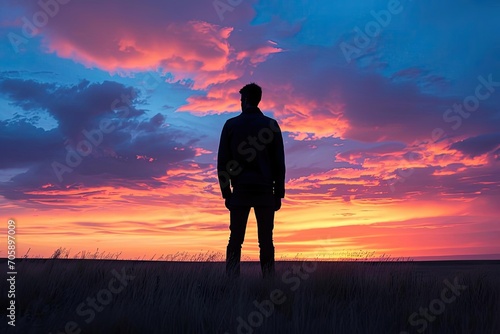 Male model Exuding confidence Stands in an open field at sunrise His silhouette sharply defined against the colorful sky
