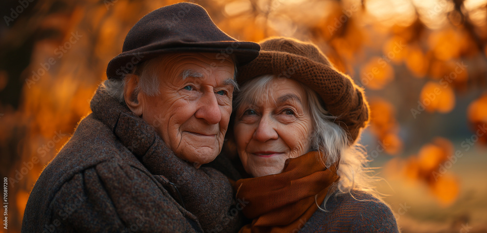 A couple of old persons are hugging and smiling. Autumn time. Happiness. Happy old age concept. Selective focus. Generated with AI A couple of old persons are hugging and smiling. Autumn time. Happiness. Happy old age concept. Selective focus. Generated with AI