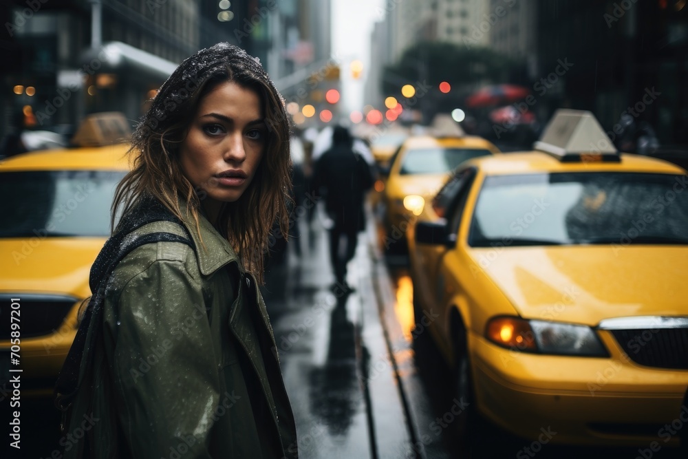 A woman in the traffic of a big city with some taxis. A woman in the traffic of a big city with some taxis.