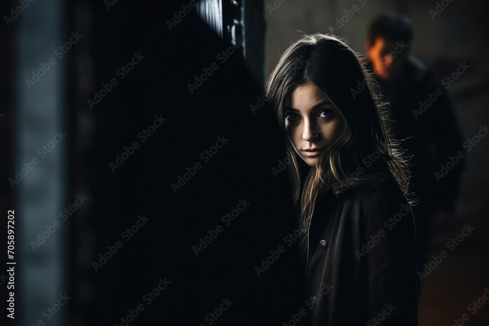 A woman hides in a dark alley from a man. A woman hides in a dark alley from a man.
