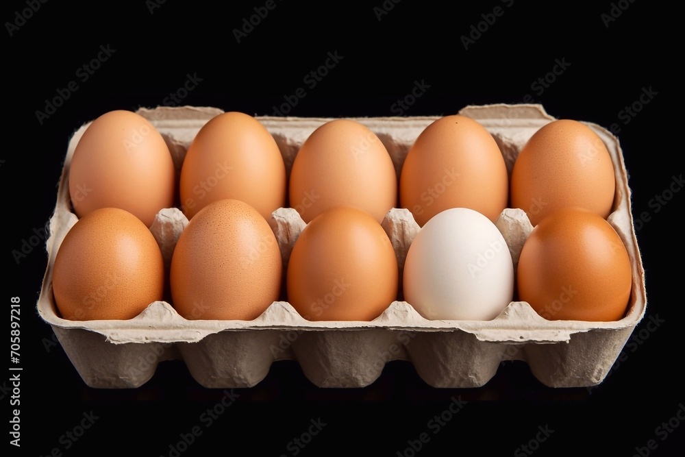 A dozen fresh eggs in a box on a black background. Close up