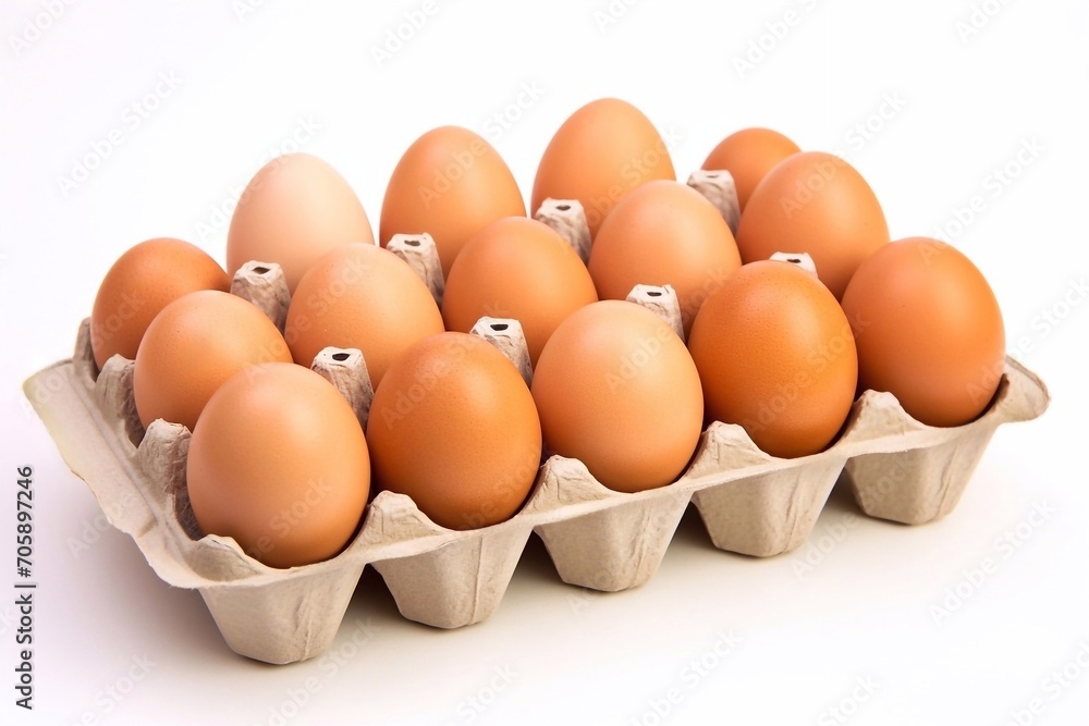 Eggs in a paper tray on a white background. Isolated