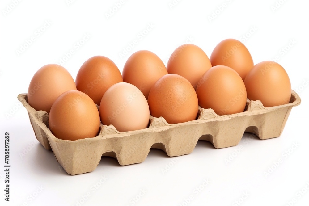 A dozen eggs in a carton box isolated on a white background cutout. Close up