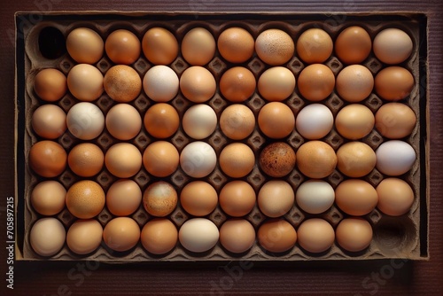 Chicken eggs in a cardboard box with a wooden background. Top view. Eggs in an egg box as a background. © Oleh