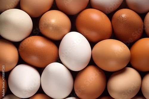 Eggs background. Top view of many eggs. Food background. Eggs background. Top view of brown and white eggs.