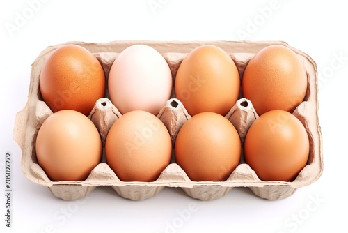 Chiken eggs in a carton box isolated on white background. Top view. © Oleh