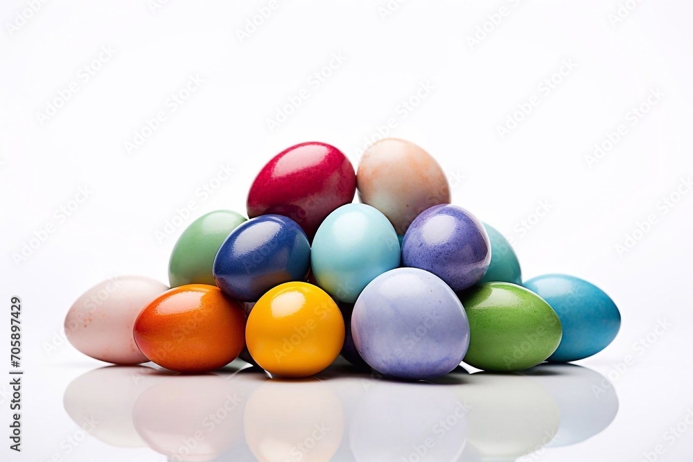 Colorful Easter eggs in a pile on a white background with reflection. Isolated. Happy Easter Colorful Easter eggs in a pile on a white background with reflection. Isolated. Happy Easter