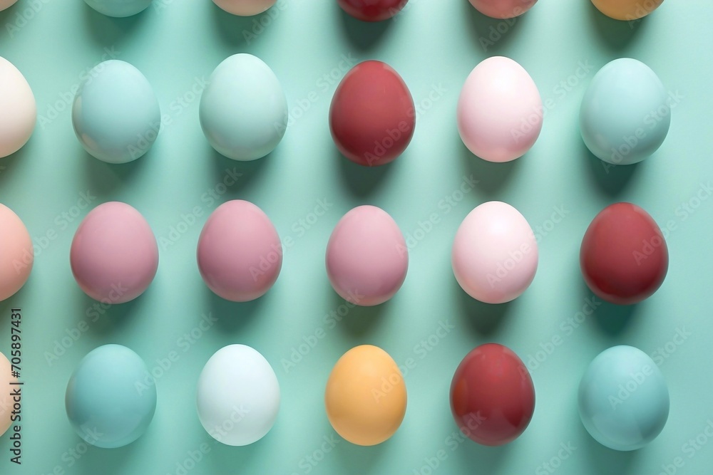 Colored Easter eggs laid out on a pastel turquoise background, top view Colored Easter eggs laid out on a pastel turquoise background, top view