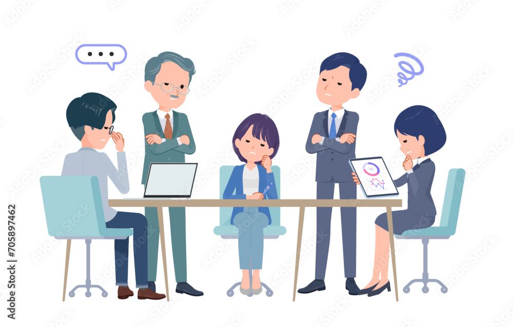 複数人で打ち合わせするビジネスシーン。悩みシーン。 複数人で打ち合わせするビジネスシーン。悩みシーン。