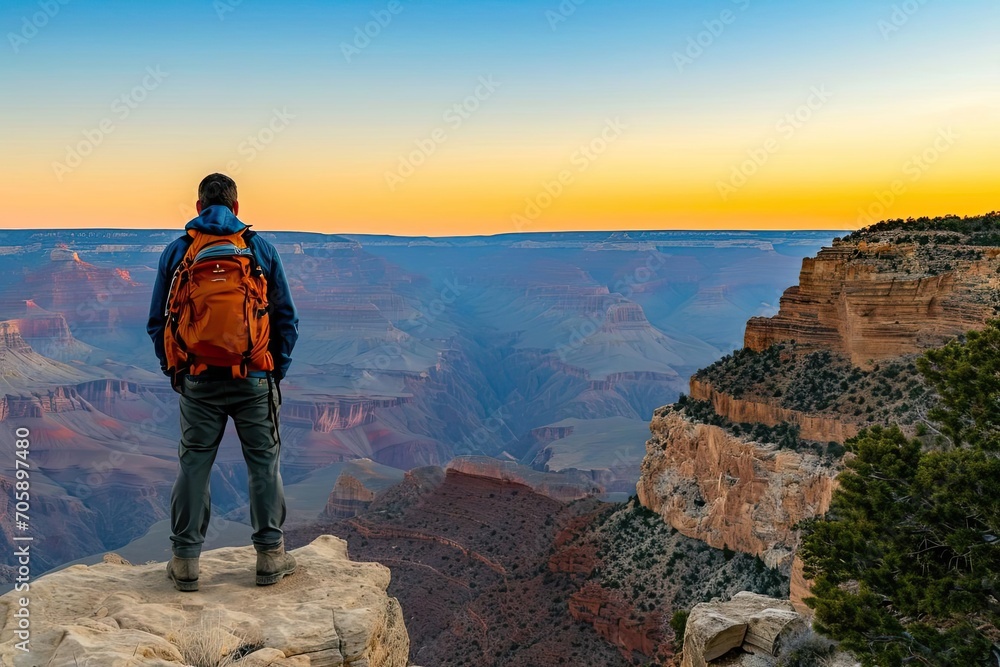 Solo hiker overlooking a vast canyon at sunrise