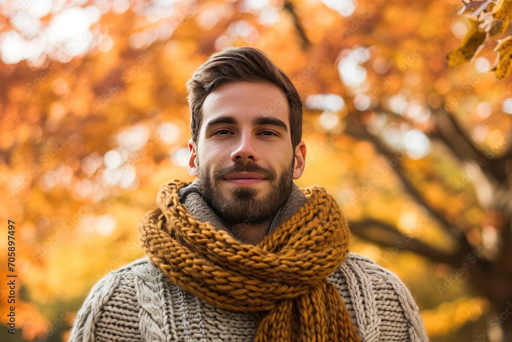 Standing amidst autumn foliage A man in a cozy sweater and scarf captures the warm essence of the fall season Standing amidst autumn foliage A man in a cozy sweater and scarf captures the warm essence of the fall season