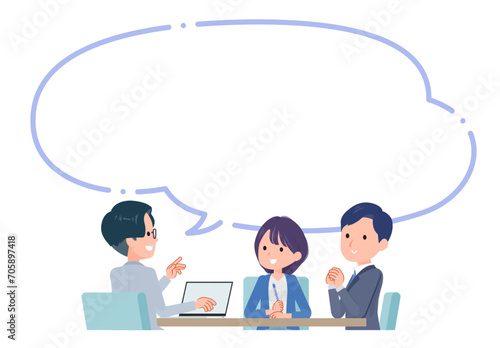 3人で打ち合わせするビジネスシーン。好印象。