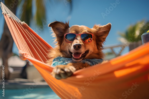Funny dog lying in a hammock sunbathing outdoors by the pool