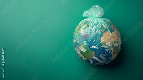 Earth enveloped in a plastic bag against a green backdrop  highlighting environmental pollution and the need for plastic-free solutions