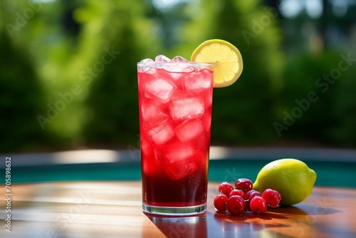 Refreshing crimson drink perfect for hot weather. Generative AI