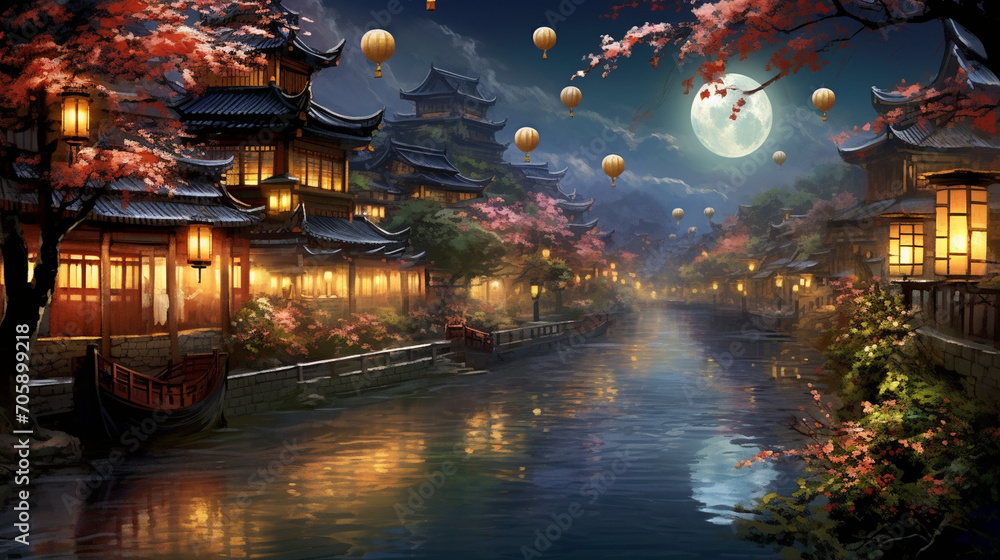 Lantern-lit Waterway: A picturesque waterway adorned with lanterns, reflecting the charm of oriental architecture in the evening, perfect for a scenic postcard, Postcard, Oriental,
