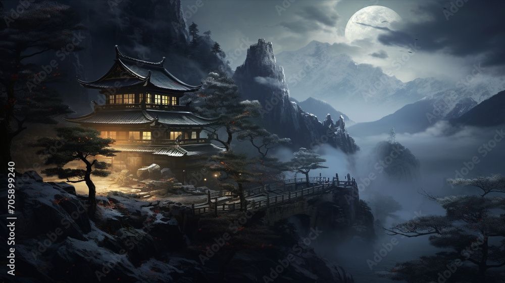 Mountain Retreat: A secluded mountain retreat with misty peaks and lantern-lit pathways, creating a tranquil and atmospheric postcard, Postcard, Oriental, Chinese