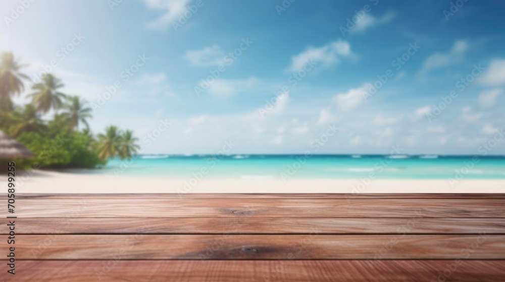 Wooden tabletop and blurred summer beach background for displaying or mounting your products