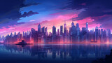 Cityscape Twilight: A city skyline at twilight, with illuminated buildings and city lights creating a vibrant urban postcard, Postcard