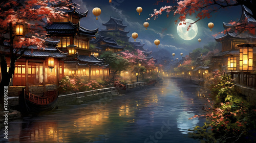 Lantern-lit Waterway  A picturesque waterway adorned with lanterns  reflecting the charm of oriental architecture in the evening  perfect for a scenic postcard  Postcard  Oriental 