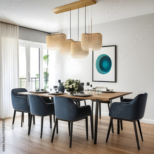 Modern dining room with decoration and table and chairs