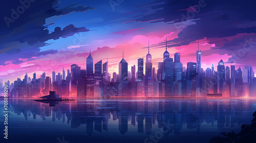 Cityscape Twilight: A city skyline at twilight, with illuminated buildings and city lights creating a vibrant urban postcard, Postcard