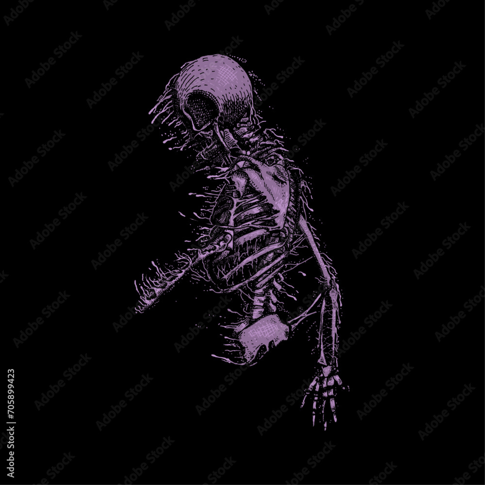 Fototapeta premium hand drawn skull skeleton death metal illustration. drak art illustration
