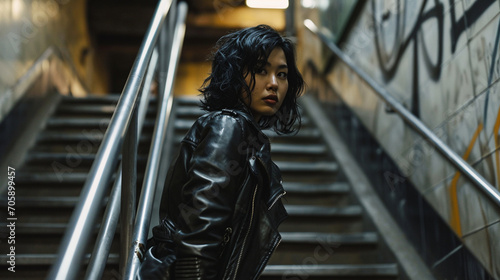 Dynamic Action Shot  Asian Woman in Leather Jacket Descending Subway Stairs with Attitude  90s style