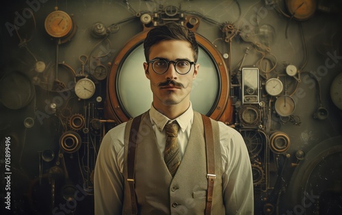 uomo con baffi e occhiali con sfondo steampunk vintage photo