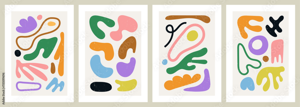 Hand drawn abstract colorful poster set. Modern wall art with organic shapes. Contemporary artworks with creative elements pattern. Interior decorations set. Colored flat vector illustrations.