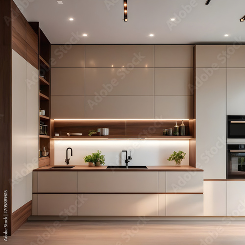 Modern minimalist kitchen, close-up shot, beige cabinets floor to ceiling, combined with walnut wood open cabinets with led lights, floating ceiling. Natural light