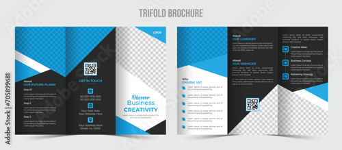 Business trifold brochure design template. Vector design of a modern, imaginative, and expert tri-fold brochure. Clean, uncomplicated promotional design with blue photo