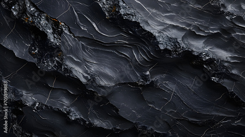 The dark texture of the stone, raw black obsidian, hardened volcanic lava glass, natural patterns and shapes on the stone section.