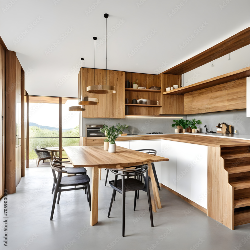 Wooden kitchen with staircase and table Wooden kitchen with staircase and table