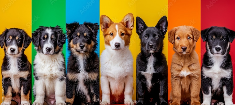 Vibrant collage of dogs divided with white vertical lines in bright light white style